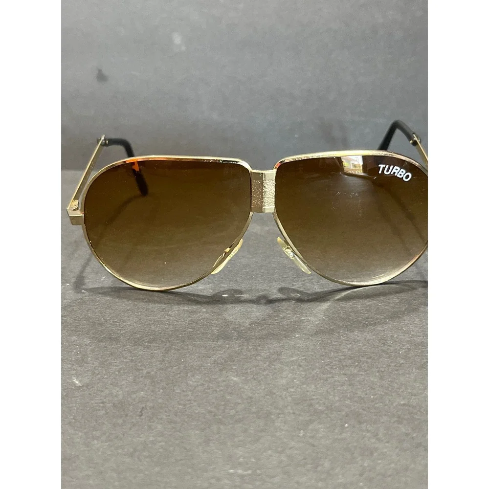 Vintage Turbo Folding Aviator Sunglasses Gold Tone Brown Gradient Lens with Case